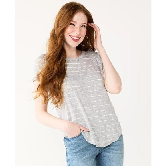 Juniors size Large T-Shirt So Crew neck short sleeve gray w/ white stripe NEW - Picture 1 of 1